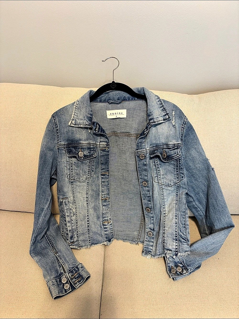 eunina Cropped Distressed Denim Jacket in Blue Size Small